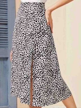 SHEIN Black White Dalmatian Print Midi Skirt Side Slit Size L
